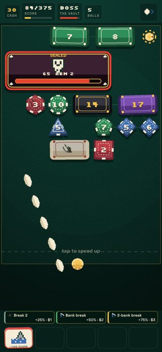 A volley in progress: a stream of balls heading for poker-chip blocks and a sealed boss chip.