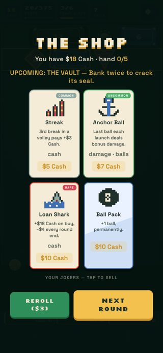 The shop between rounds, selling jokers like Streak, Anchor Ball and Loan Shark, plus a Ball Pack.
